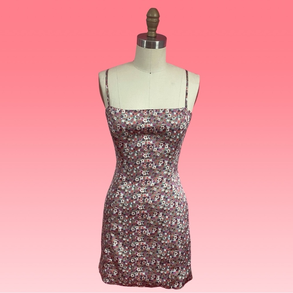Aritzia Sunday Best Shimmer Slit Dress Darling Micro Floral Stretch MINI Dress 4